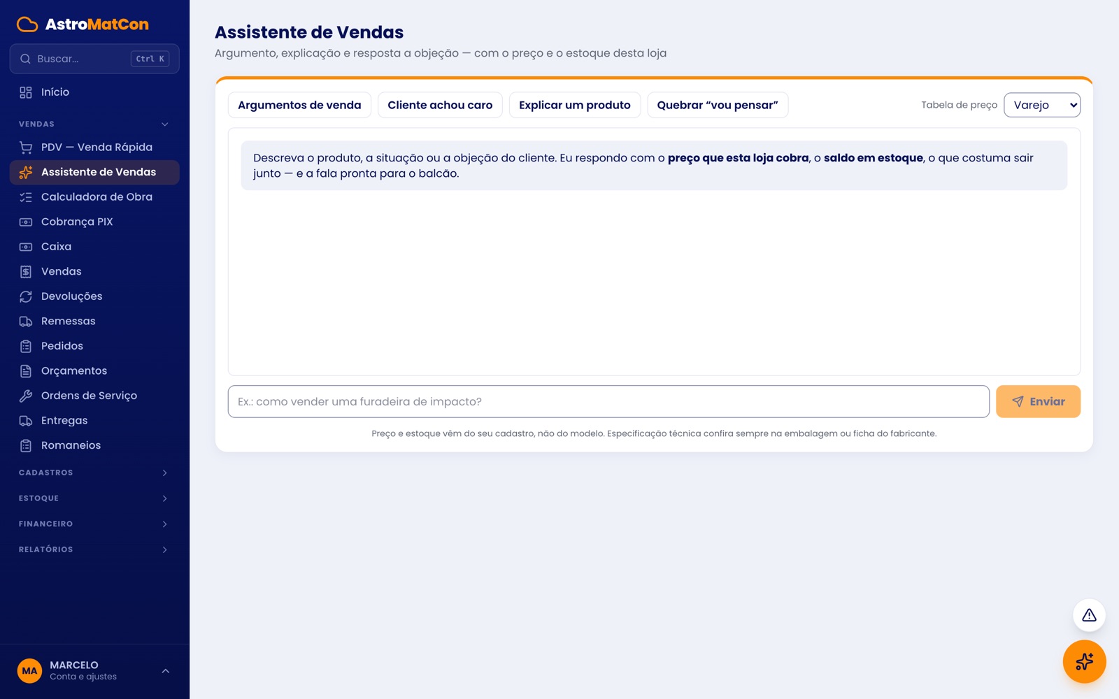 Assistente de vendas com atalhos para argumento, objeção de preço e explicação de produto