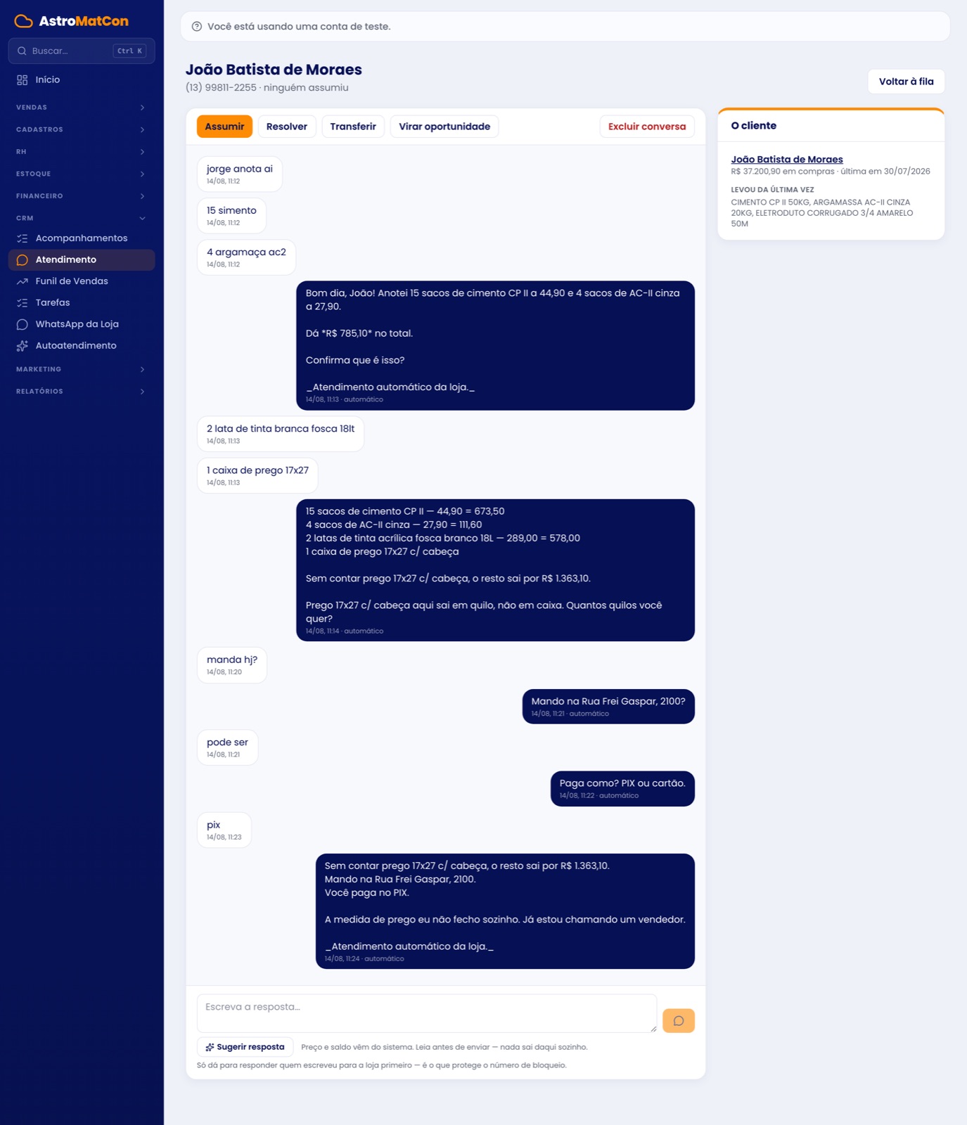 Conversa em que o cliente manda a lista com erros de digitação e o autoatendimento devolve a lista casada com o catálogo, avisando que o prego é vendido em quilo