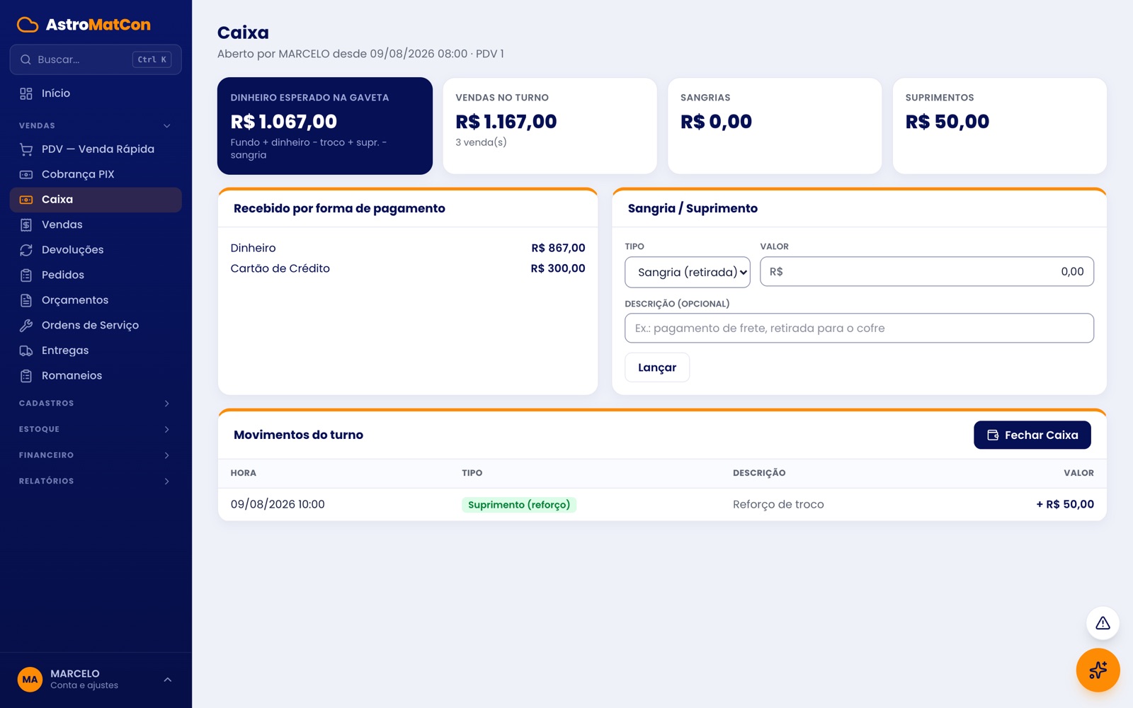 Conferência do fechamento de caixa com o recebido por forma de pagamento