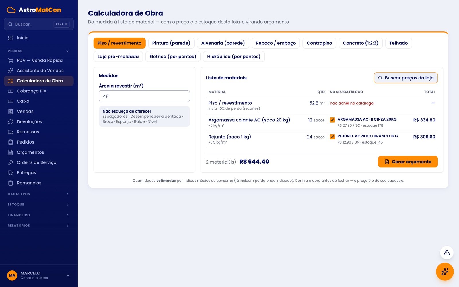 Calculadora de obra transformando 48 metros quadrados em lista de material com preço da loja