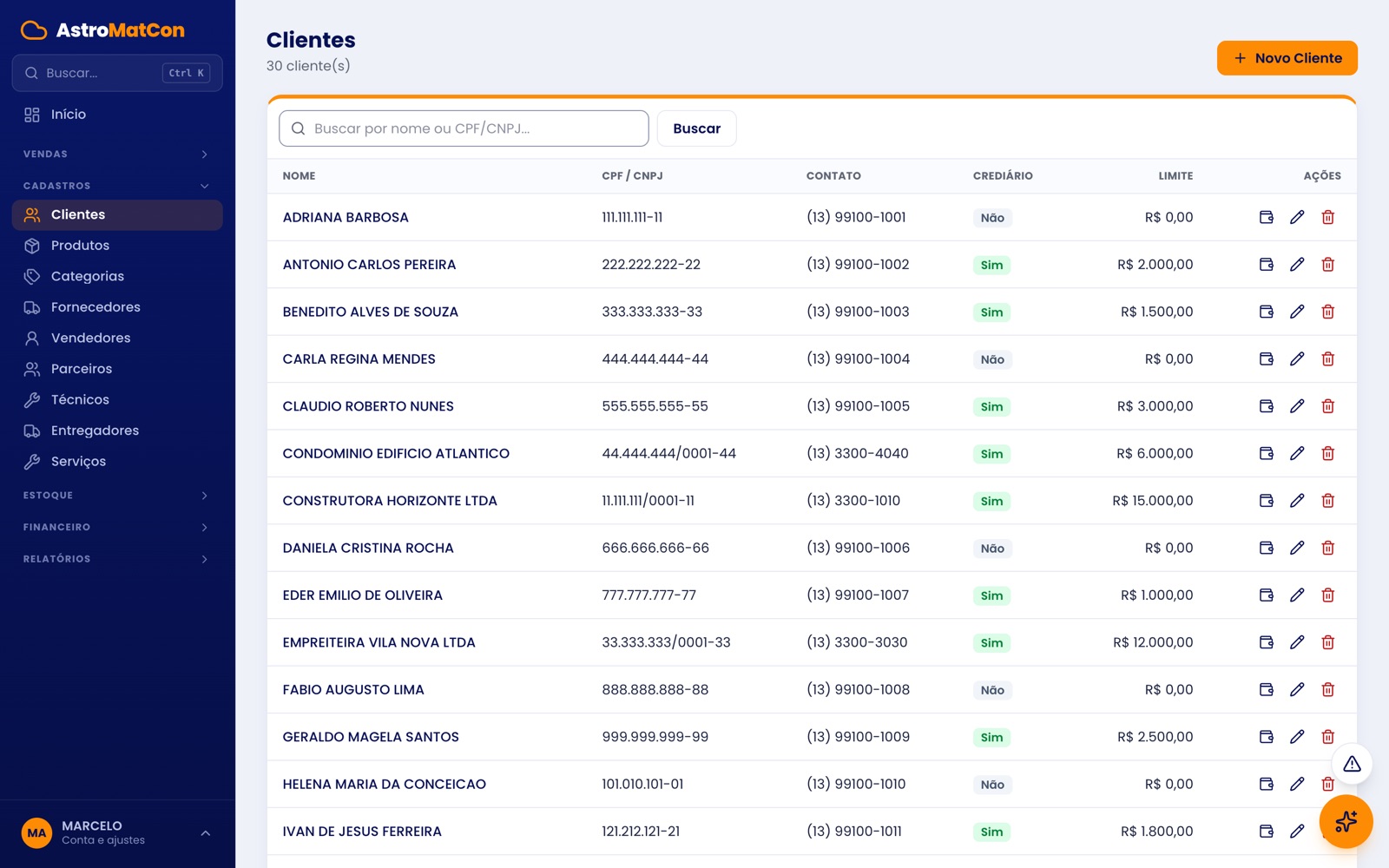 Lista de clientes cadastrados