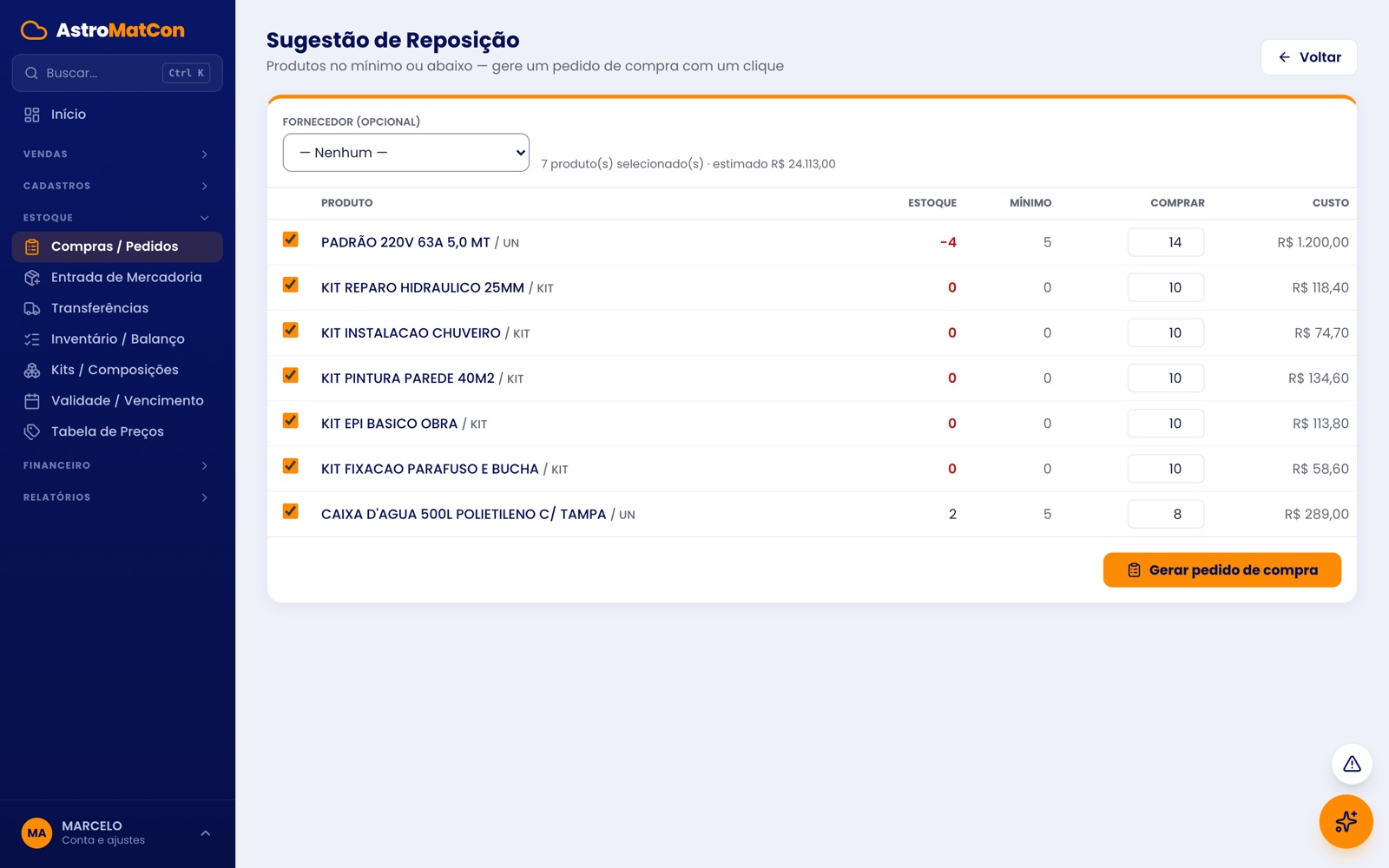Sugestão de reposição de produtos no estoque mínimo