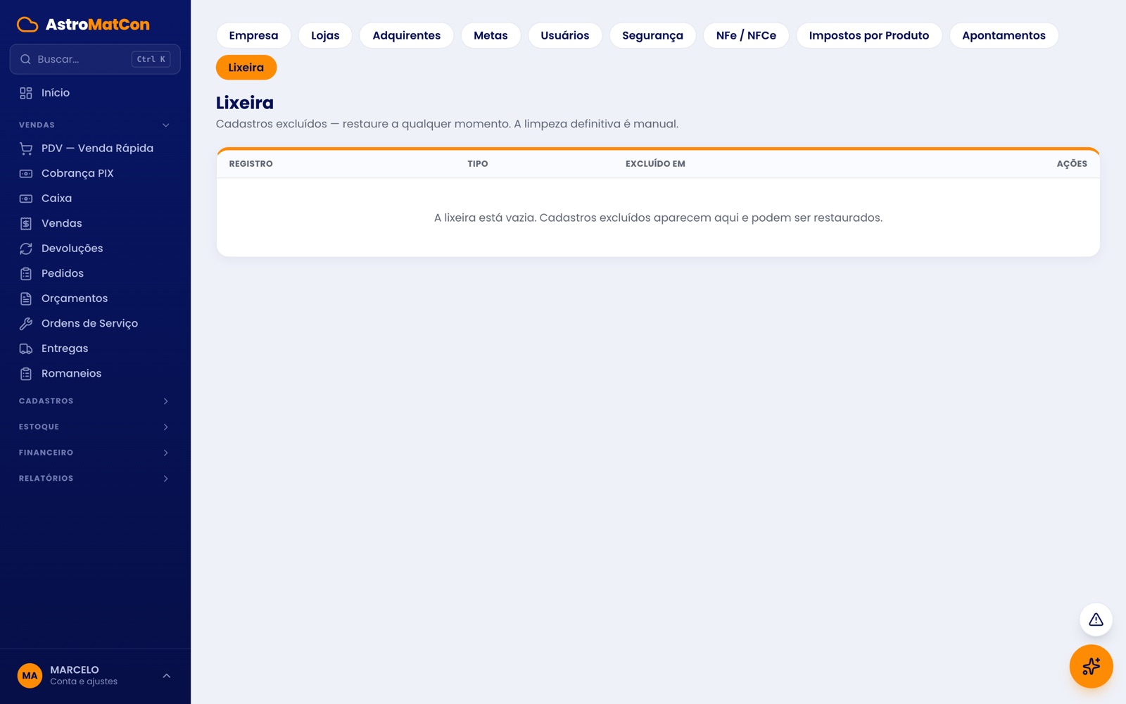 Lixeira do sistema com registros excluídos que podem ser restaurados