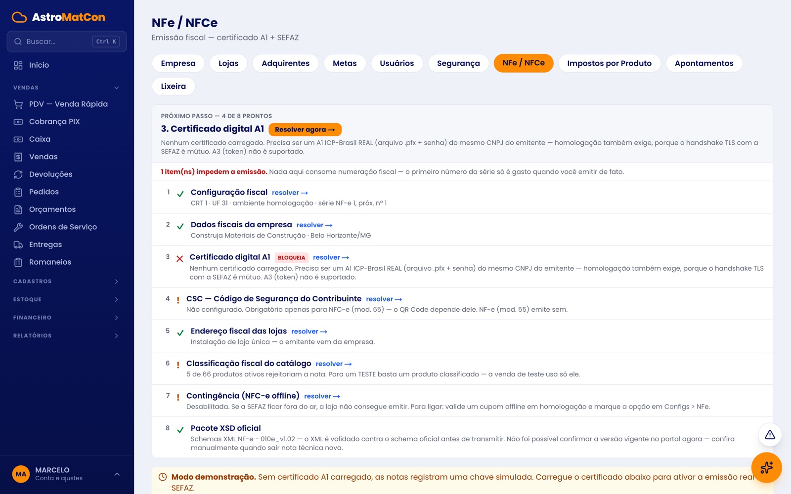 Tela de configuração de NFe e NFCe