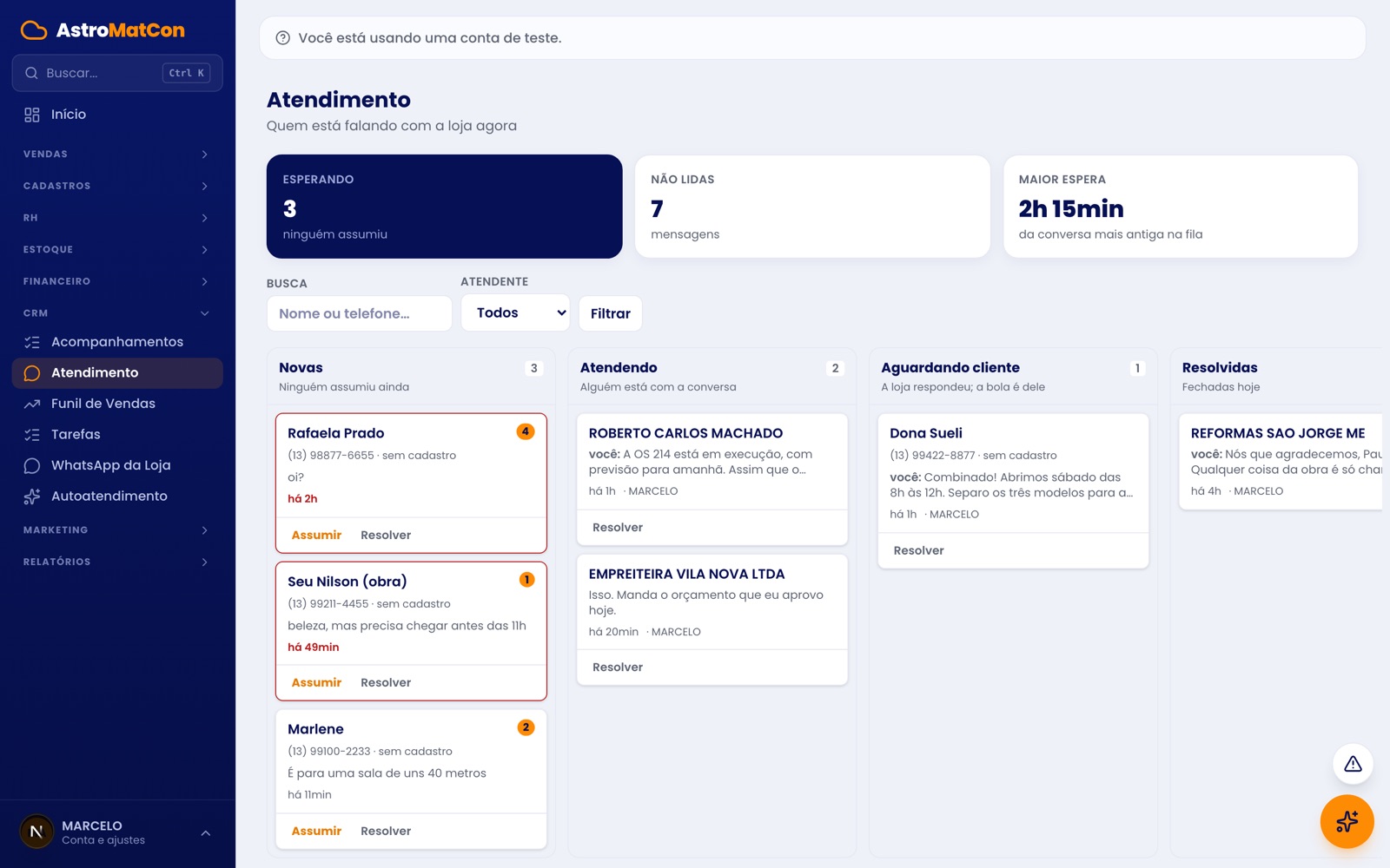 Fila de atendimento do WhatsApp com as conversas novas, em atendimento e resolvidas