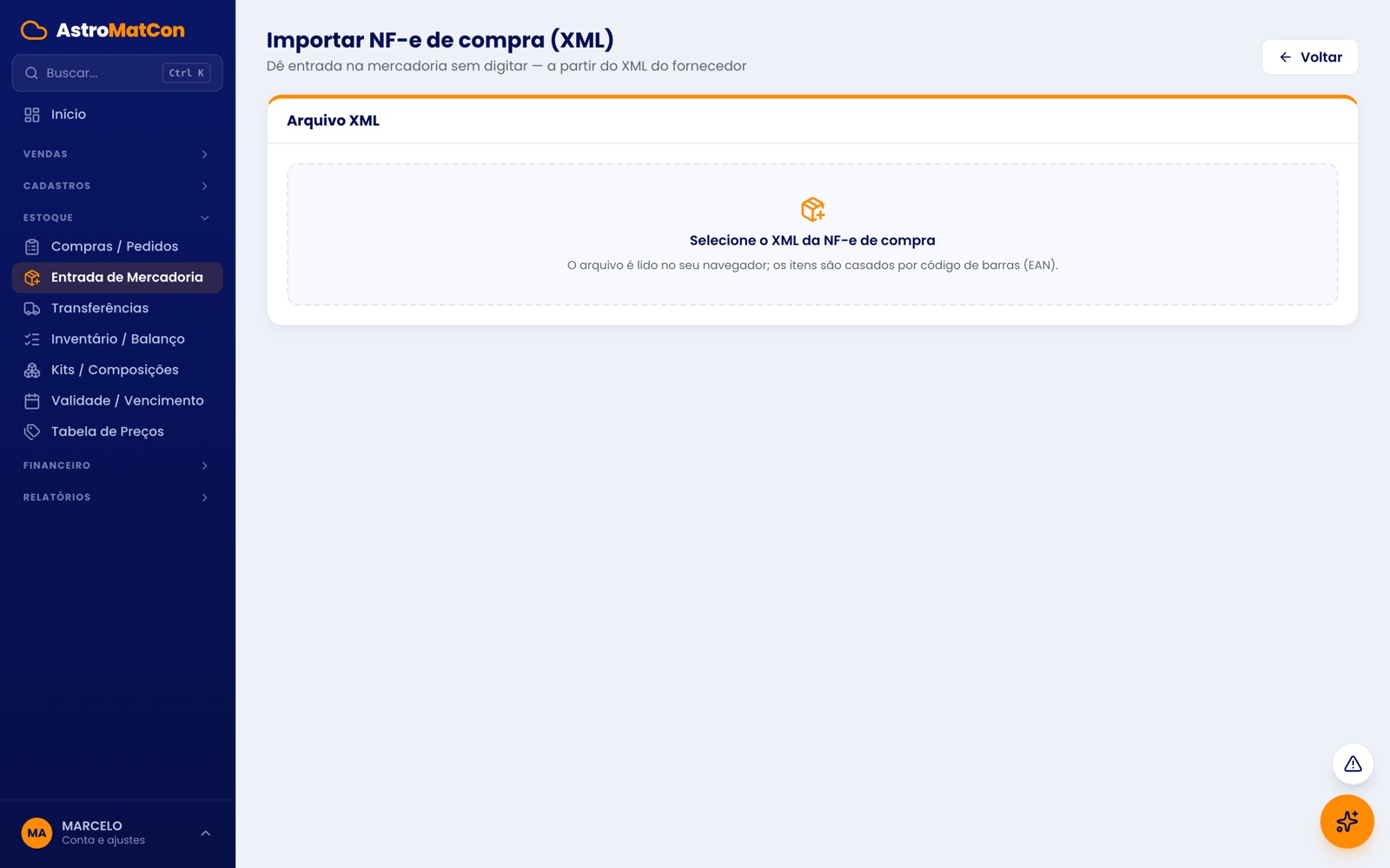 Tela de importação do XML da nota do fornecedor para dar entrada no estoque