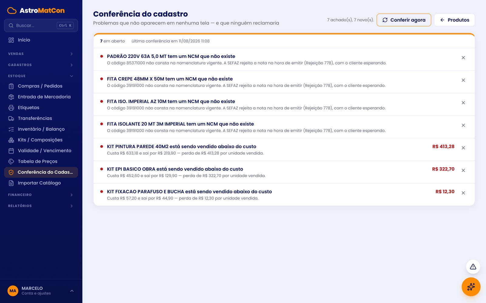 Conferência do cadastro listando NCMs inexistentes e produtos vendidos abaixo do custo