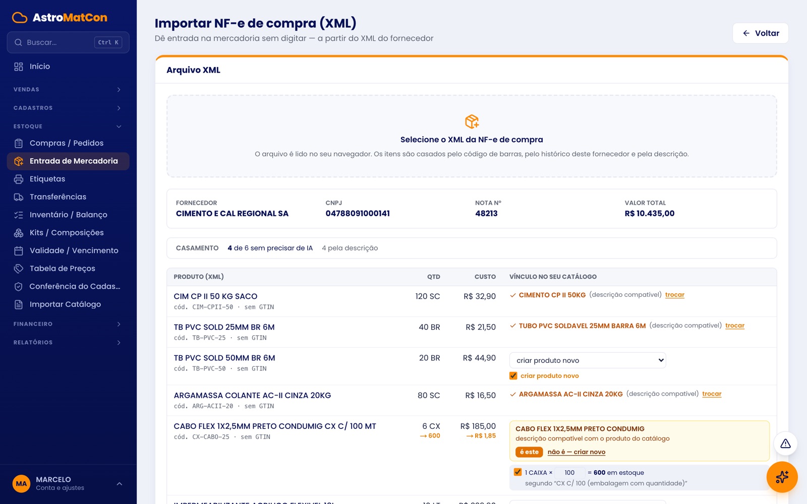 Tela de importação do XML mostrando quatro itens casados, um recusado e a conversão de caixa para metro