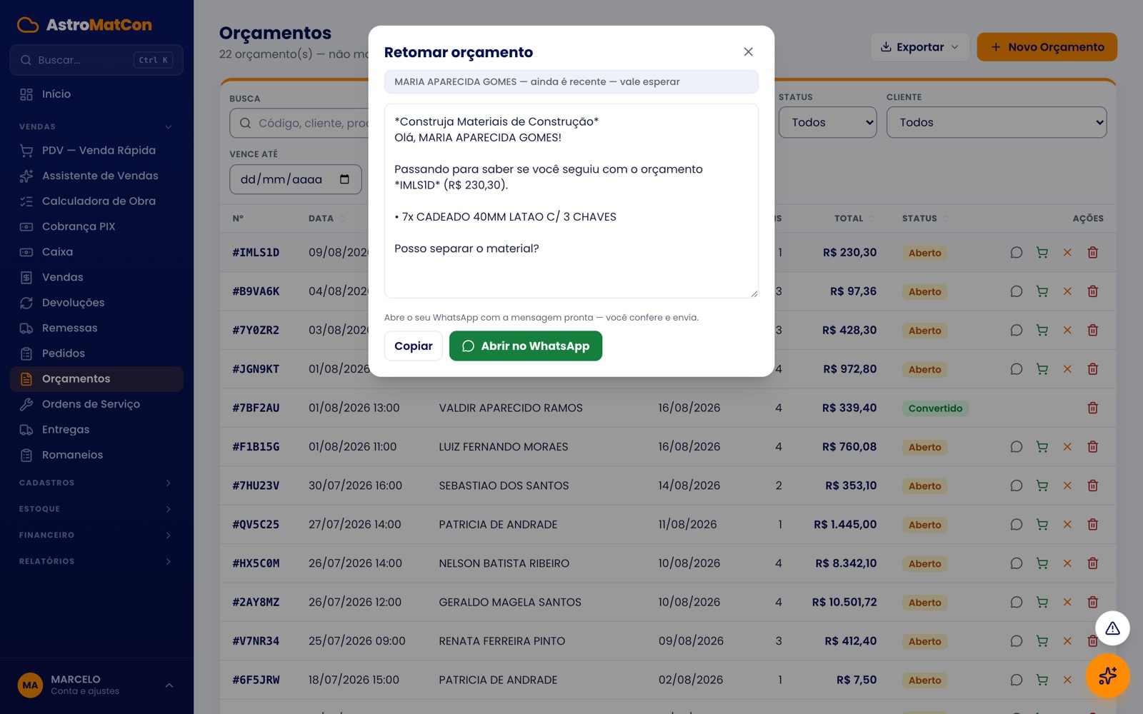 Janela de retomada de orçamento com a mensagem pronta para enviar no WhatsApp