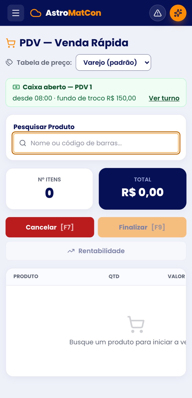 O PDV do AstroMatCon aberto na tela de um celular