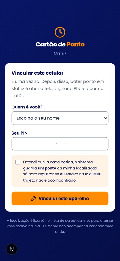 Tela de celular para vincular o aparelho, com o nome, o PIN e o aviso de localização a ser aceito