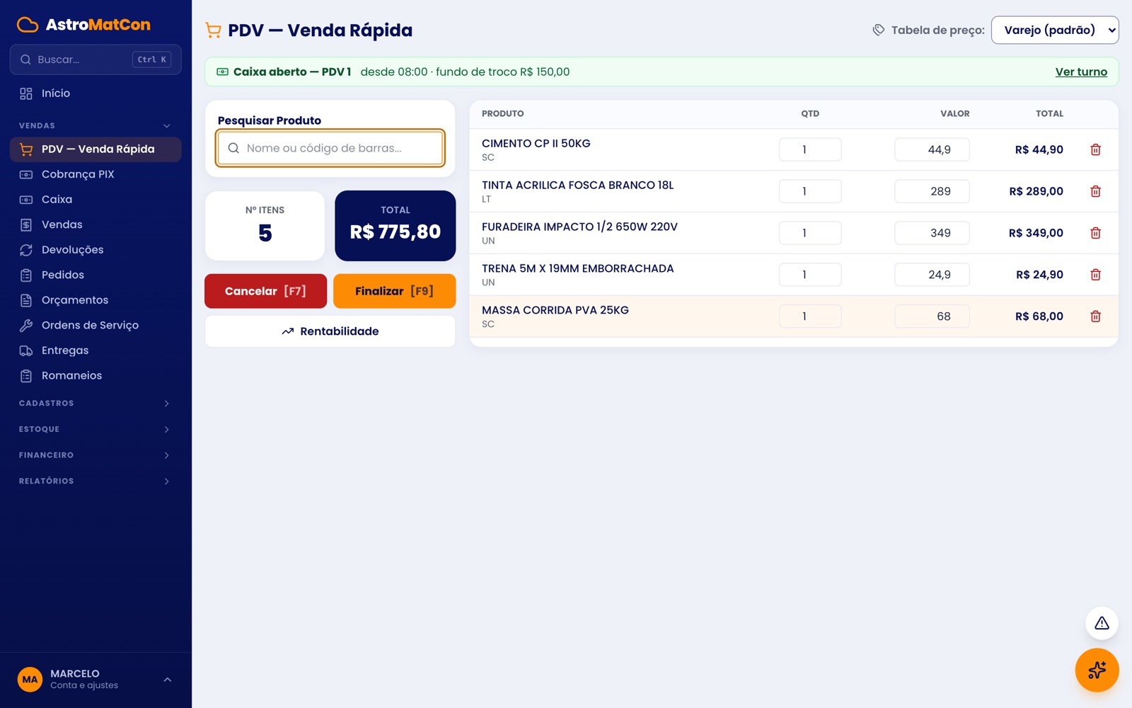 PDV do AstroMatCon com cinco itens no carrinho e o total da venda em destaque