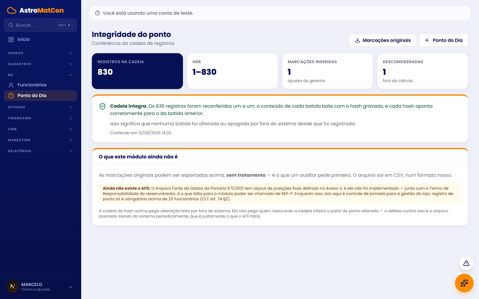 Tela de integridade do ponto mostrando 830 registros reconferidos e a cadeia íntegra